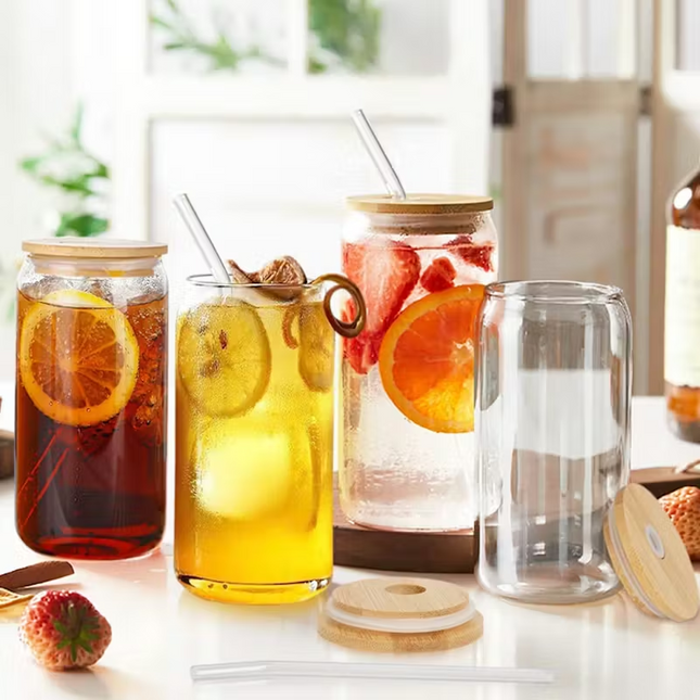 4x Glasses with Bamboo Lid and Straw