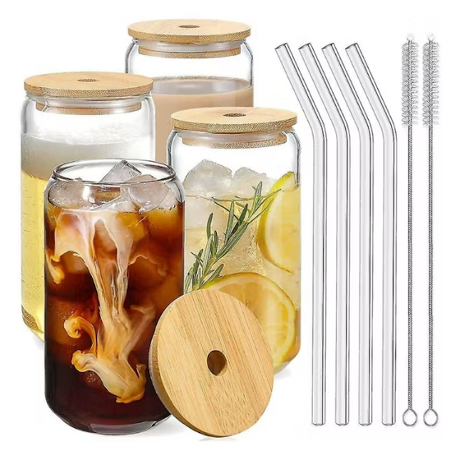 4x Glasses with Bamboo Lid and Straw